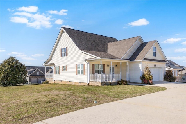 view of front of house featuring covered porch, a garage, driveway, crawl space, and a front yard