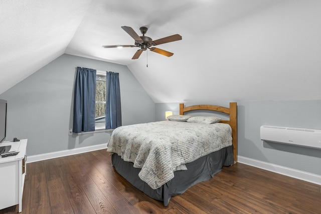 bedroom featuring vaulted ceiling, ceiling fan, wood-type flooring, and baseboards