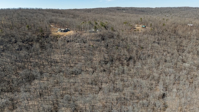 drone / aerial view featuring a wooded view