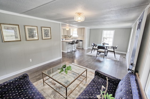 living room featuring a textured ceiling and dark wood-type flooring