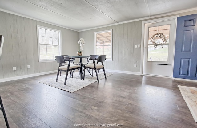 dining space with dark hardwood / wood-style flooring