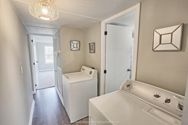 clothes washing area featuring hardwood / wood-style flooring and washing machine and clothes dryer