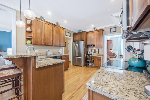 kitchen featuring open shelves, stainless steel appliances, brown cabinetry, ornamental molding, and a peninsula