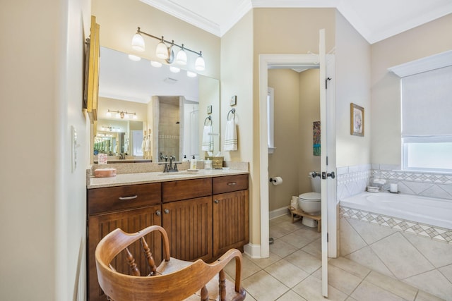 full bath with a garden tub, crown molding, toilet, and tile patterned floors