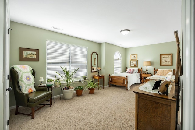 bedroom with carpet, visible vents, and baseboards