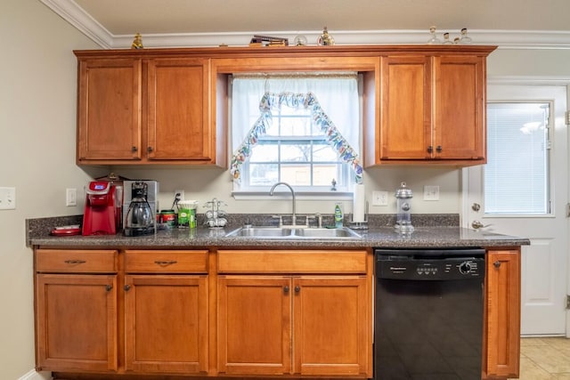 kitchen featuring sink, black dishwasher, and crown molding