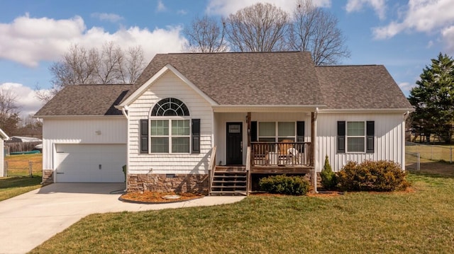 ranch-style house featuring a garage, a front lawn, and a porch