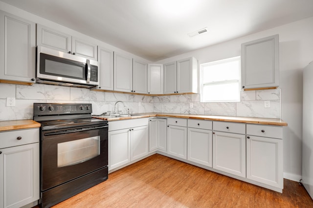 kitchen with sink, wooden counters, backsplash, black range with electric cooktop, and light hardwood / wood-style flooring