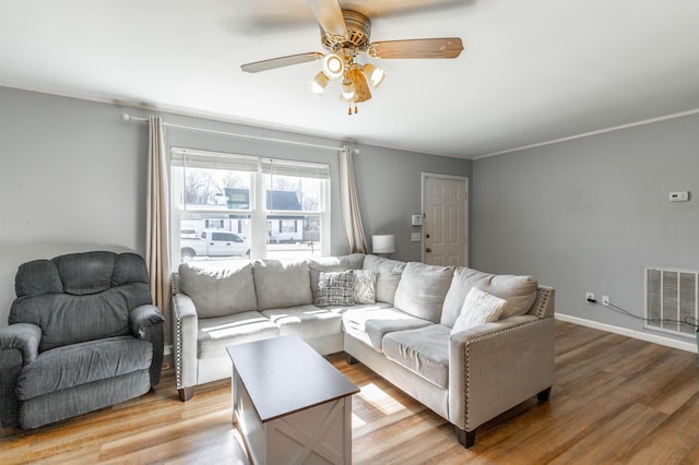 living area with a ceiling fan, light wood-style flooring, visible vents, and crown molding