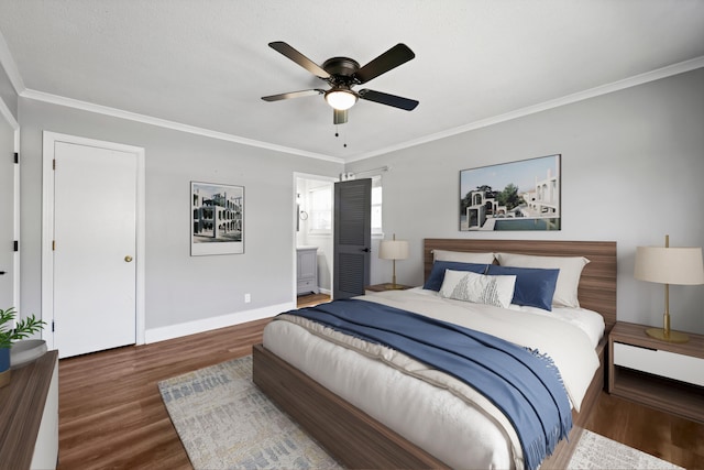 113 Dower Rd, Chattanooga, TN 37419 - bedroom featuring wood finished floors, ornamental molding, baseboards, connected bathroom, and ceiling fan