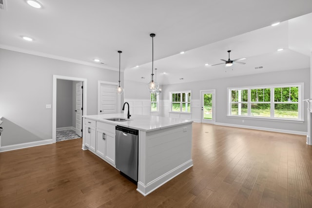 8892 Knolling Loop Unit 34, Ooltewah, TN 37363 - kitchen featuring a sink, stainless steel dishwasher, ceiling fan, baseboards, and white cabinets