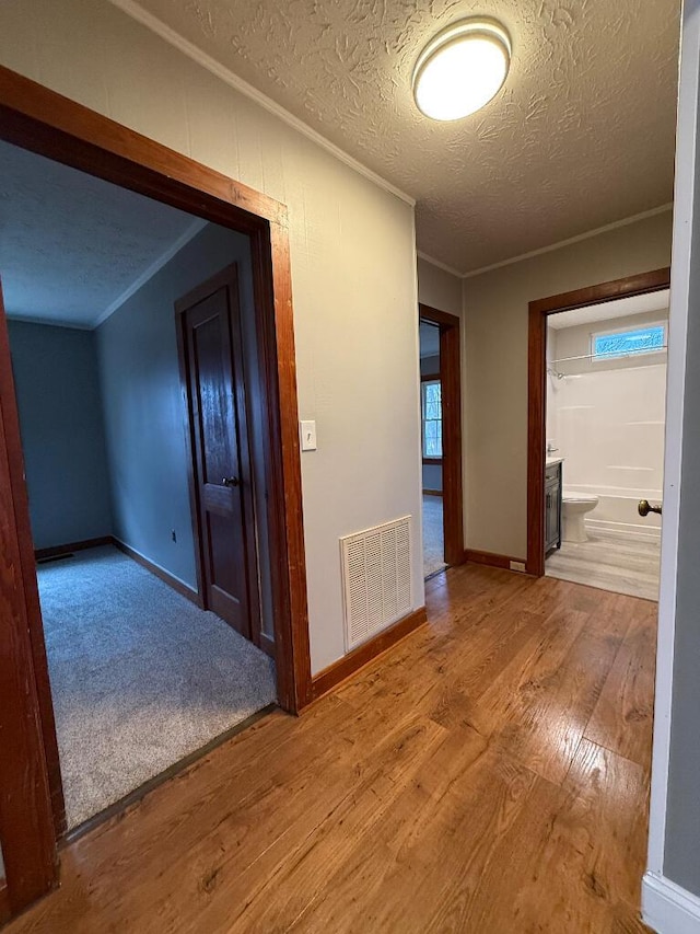 hallway featuring ornamental molding, wood-type flooring, and a textured ceiling