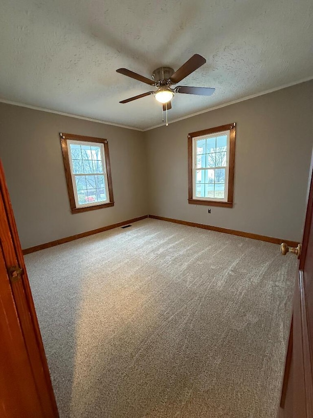 carpeted empty room with crown molding, plenty of natural light, ceiling fan, and a textured ceiling