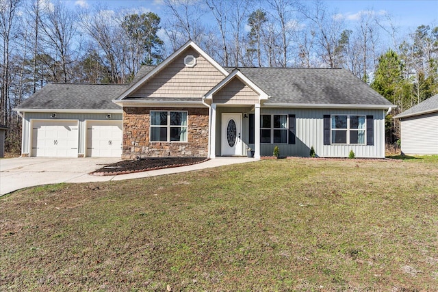 ranch-style home with a front yard and a garage