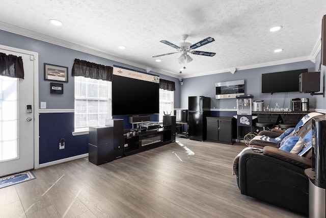 living room featuring hardwood / wood-style floors, a textured ceiling, ceiling fan, and ornamental molding