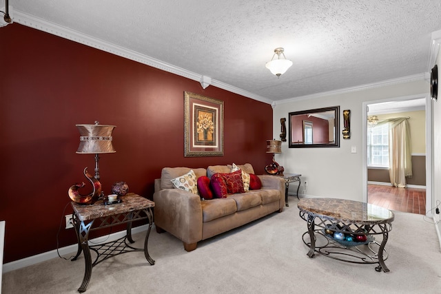 living room with a textured ceiling, carpet flooring, and crown molding