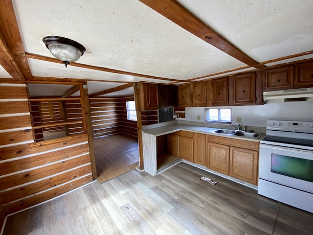 kitchen with sink, white range with electric stovetop, light hardwood / wood-style floors, a textured ceiling, and beamed ceiling