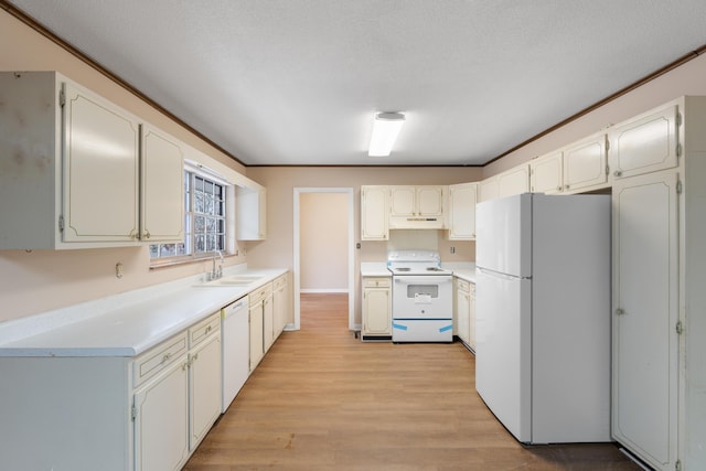 kitchen with a sink, light countertops, white cabinetry, light wood-style floors, and white appliances