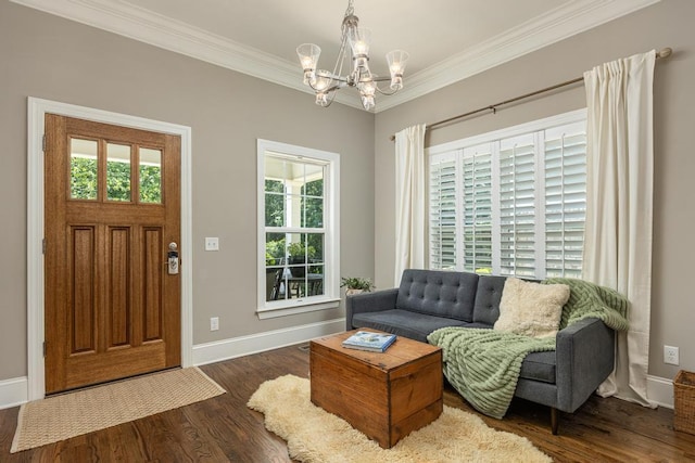 living room featuring crown molding, dark hardwood / wood-style floors, and a chandelier