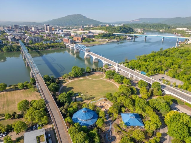 birds eye view of property featuring a water and mountain view