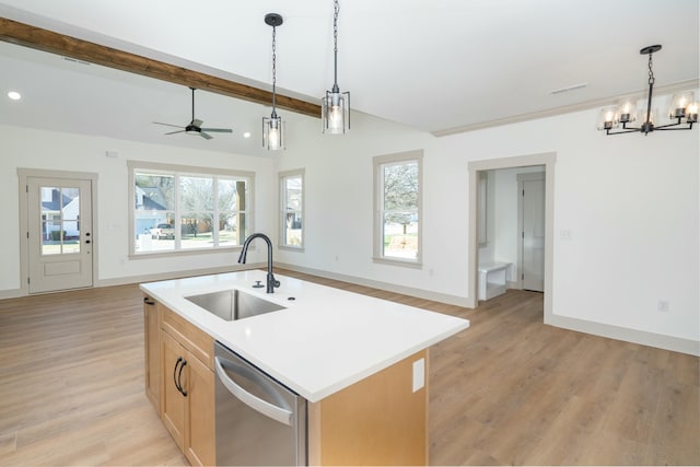 kitchen featuring sink, plenty of natural light, stainless steel dishwasher, and a center island with sink