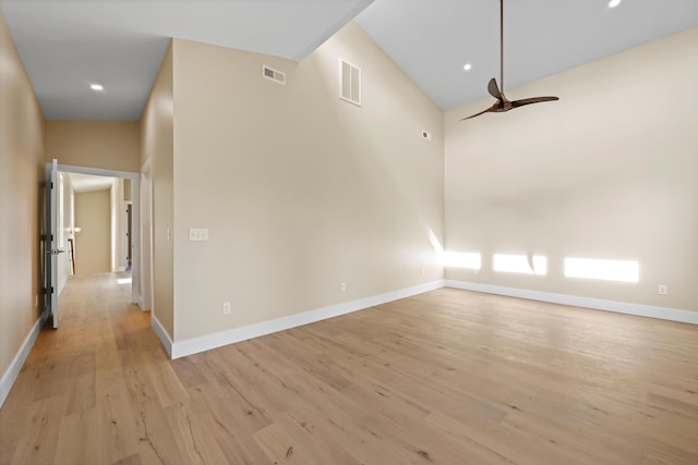 unfurnished room featuring ceiling fan, recessed lighting, visible vents, baseboards, and light wood-style floors