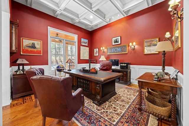 office with a wainscoted wall, coffered ceiling, beam ceiling, and light wood-style floors