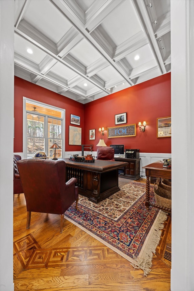 office featuring wainscoting, coffered ceiling, beam ceiling, and recessed lighting