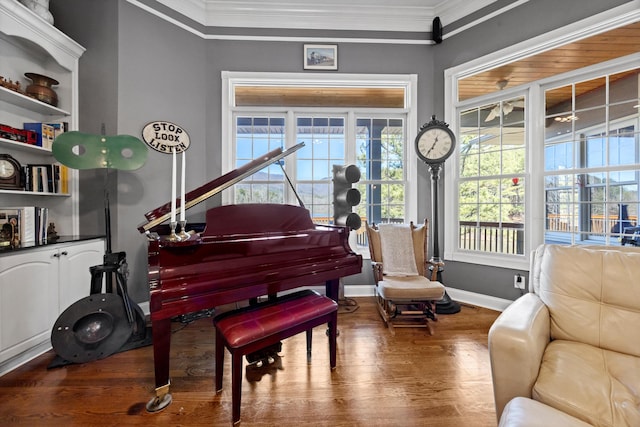 sitting room with baseboards, wood finished floors, a wealth of natural light, and crown molding