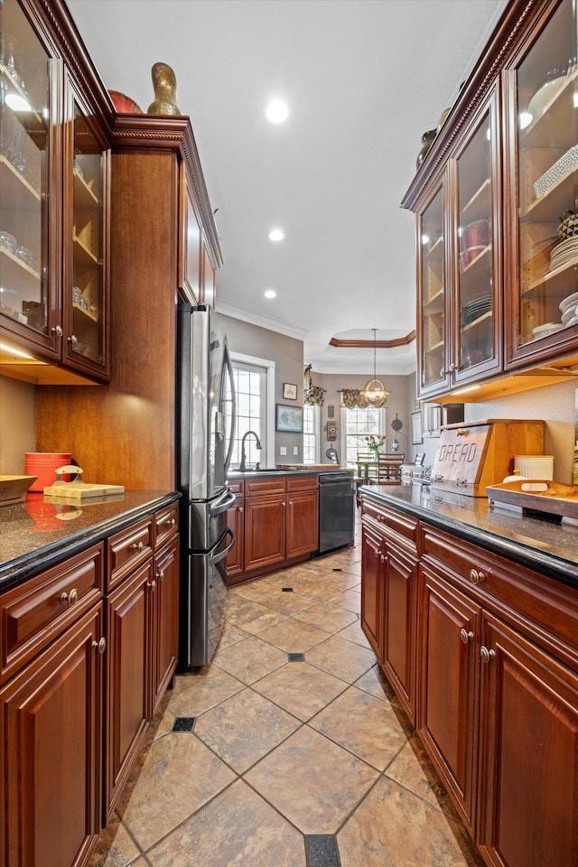 kitchen featuring glass insert cabinets, freestanding refrigerator, crown molding, and dishwasher