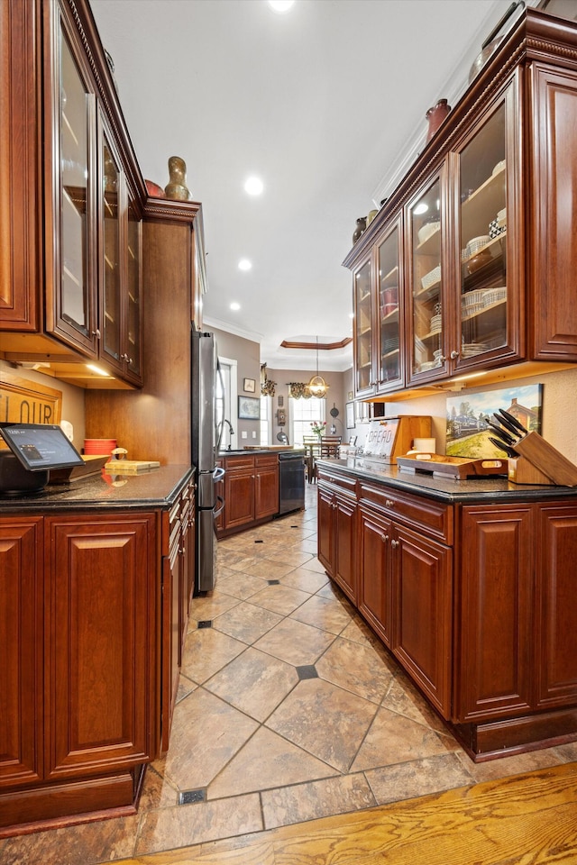 kitchen with glass insert cabinets, dark countertops, freestanding refrigerator, and dishwasher