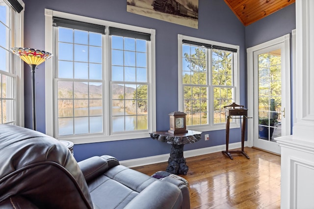 interior space with decorative columns, baseboards, vaulted ceiling, and wood finished floors