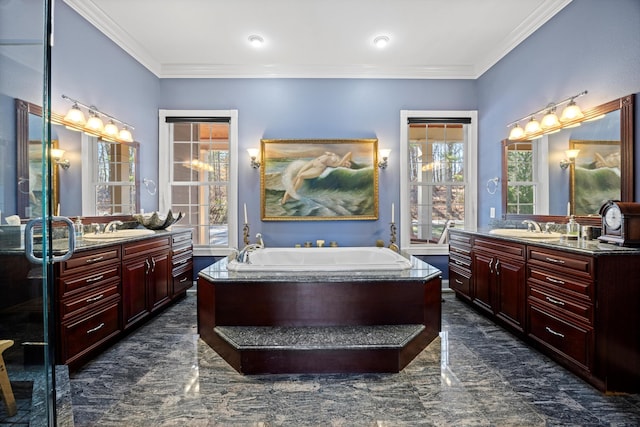 full bathroom featuring marble finish floor, two vanities, and a sink