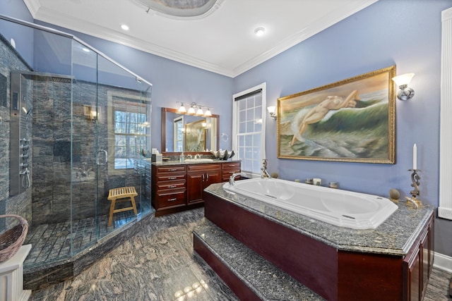 bathroom with recessed lighting, vanity, a shower stall, a bath, and crown molding