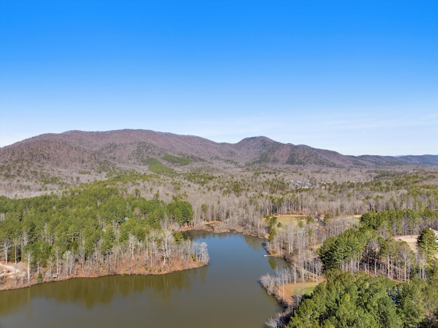 drone / aerial view featuring a water and mountain view