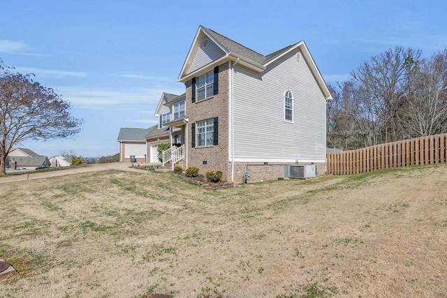 view of property exterior featuring cooling unit and a lawn