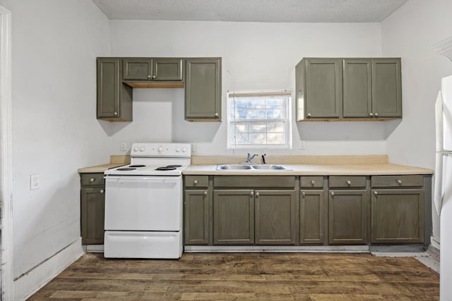 kitchen with sink, white range with electric cooktop, a textured ceiling, and dark wood-type flooring