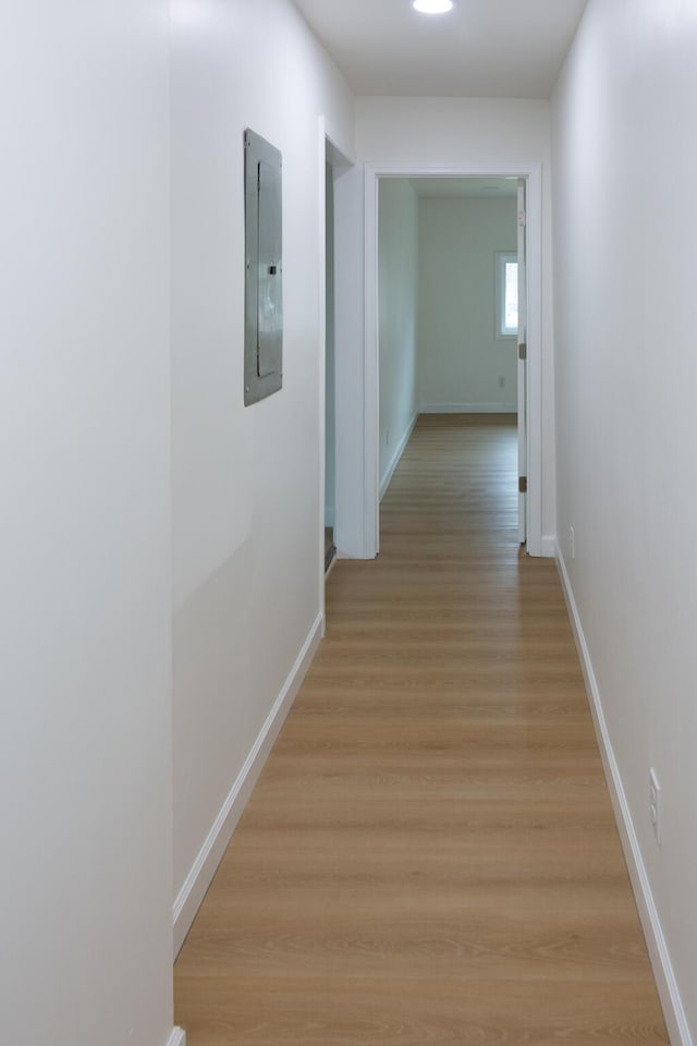 hallway with electric panel and light hardwood / wood-style flooring