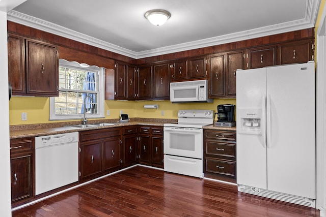 kitchen with ornamental molding, sink, dark wood-type flooring, and white appliances