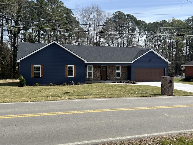 single story home with a garage, driveway, stone siding, roof with shingles, and a front yard