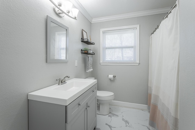 bathroom with toilet, marble finish floor, ornamental molding, baseboards, and vanity