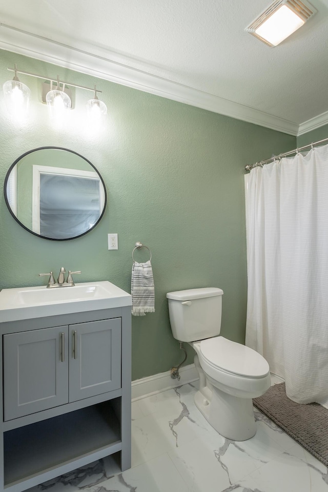 full bathroom with baseboards, visible vents, ornamental molding, toilet, and marble finish floor