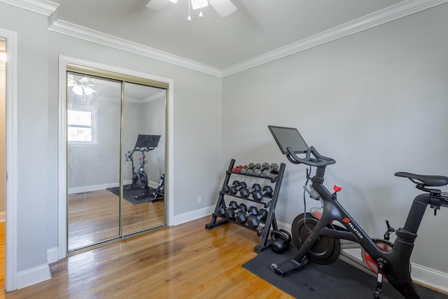 exercise area with ceiling fan, crown molding, baseboards, and wood finished floors