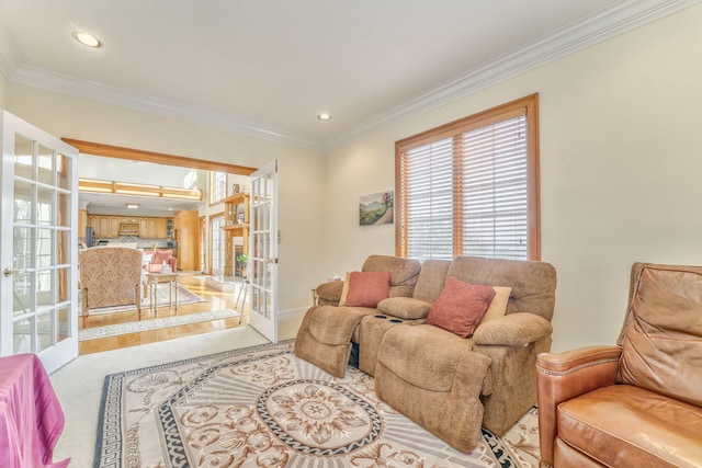 815 Battlefield Park Dr, Dalton, GA 30720 - living room with ornamental molding, light carpet, and french doors