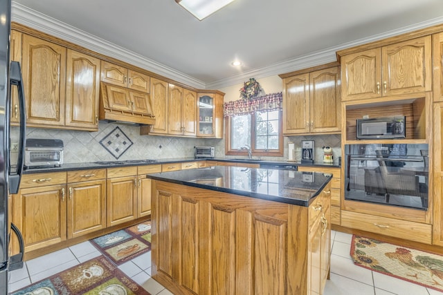 815 Battlefield Park Dr, Dalton, GA 30720 - kitchen with light tile patterned flooring, a kitchen island, premium range hood, tasteful backsplash, and black appliances