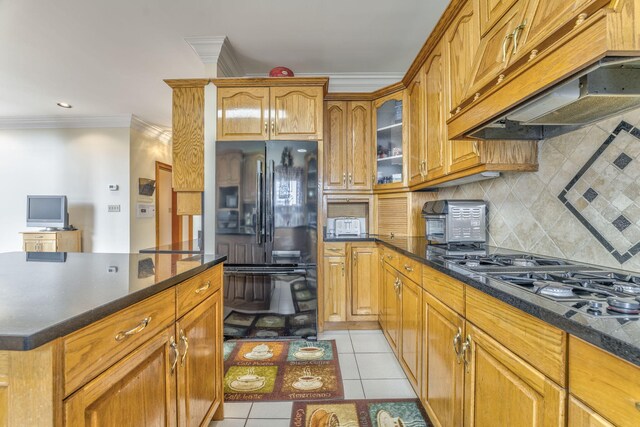 815 Battlefield Park Dr, Dalton, GA 30720 - kitchen with light tile patterned flooring, custom exhaust hood, tasteful backsplash, crown molding, and black appliances