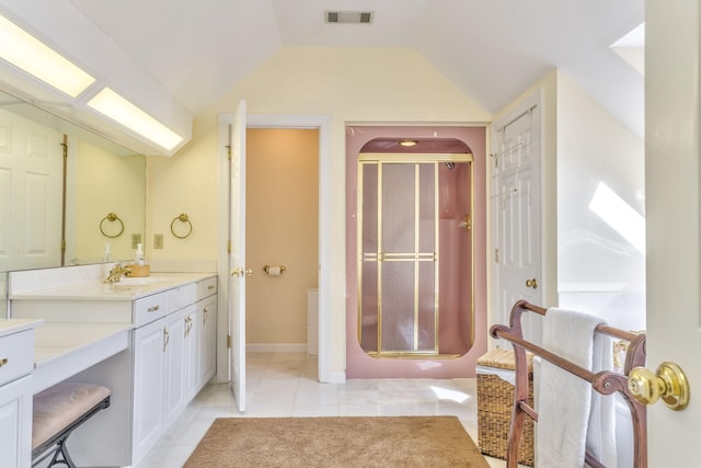 815 Battlefield Park Dr, Dalton, GA 30720 - bathroom with lofted ceiling, vanity, tile patterned floors, and a shower with door