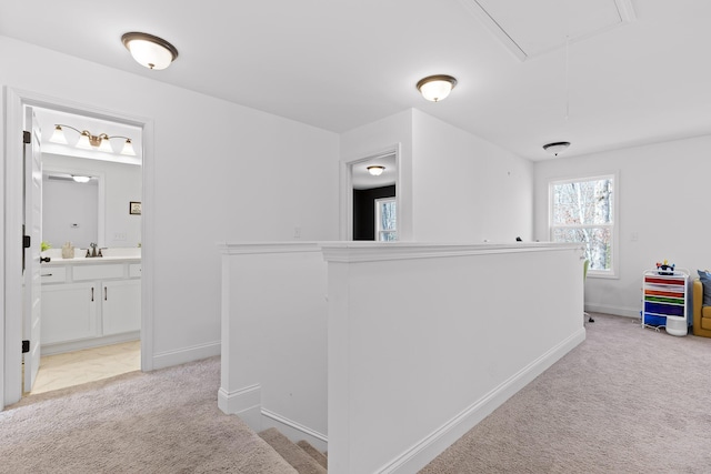 4700 Creek Point Ln, Signal Mountain, TN 37377 - hallway featuring attic access, light colored carpet, and an upstairs landing