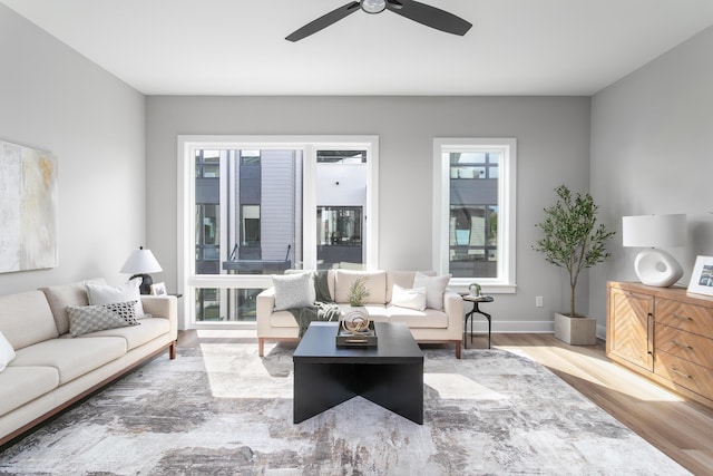 living room with hardwood / wood-style flooring and ceiling fan