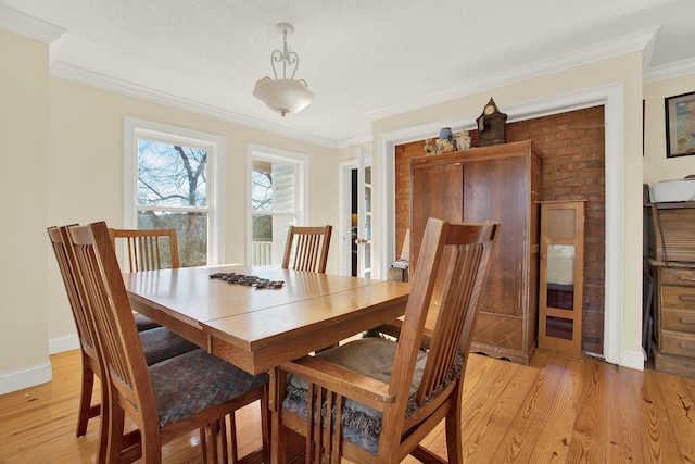 dining area with ornamental molding and light hardwood / wood-style flooring